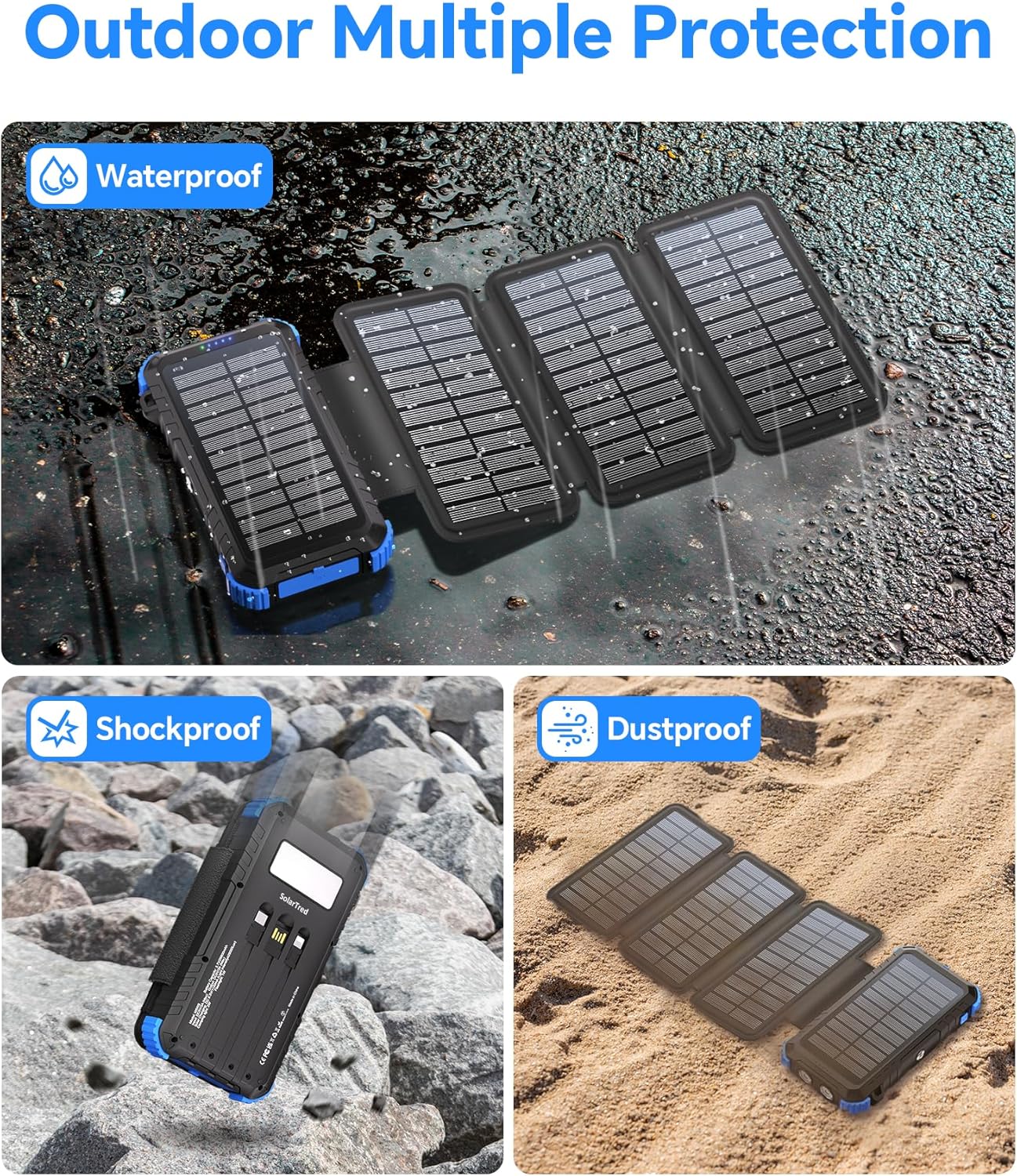 Heavy-Duty 20,000mAh Solar Power Bank with 4 Solar Panels & Built-in Charging Cables (IP67 Waterproof, 15W Fast Charge)