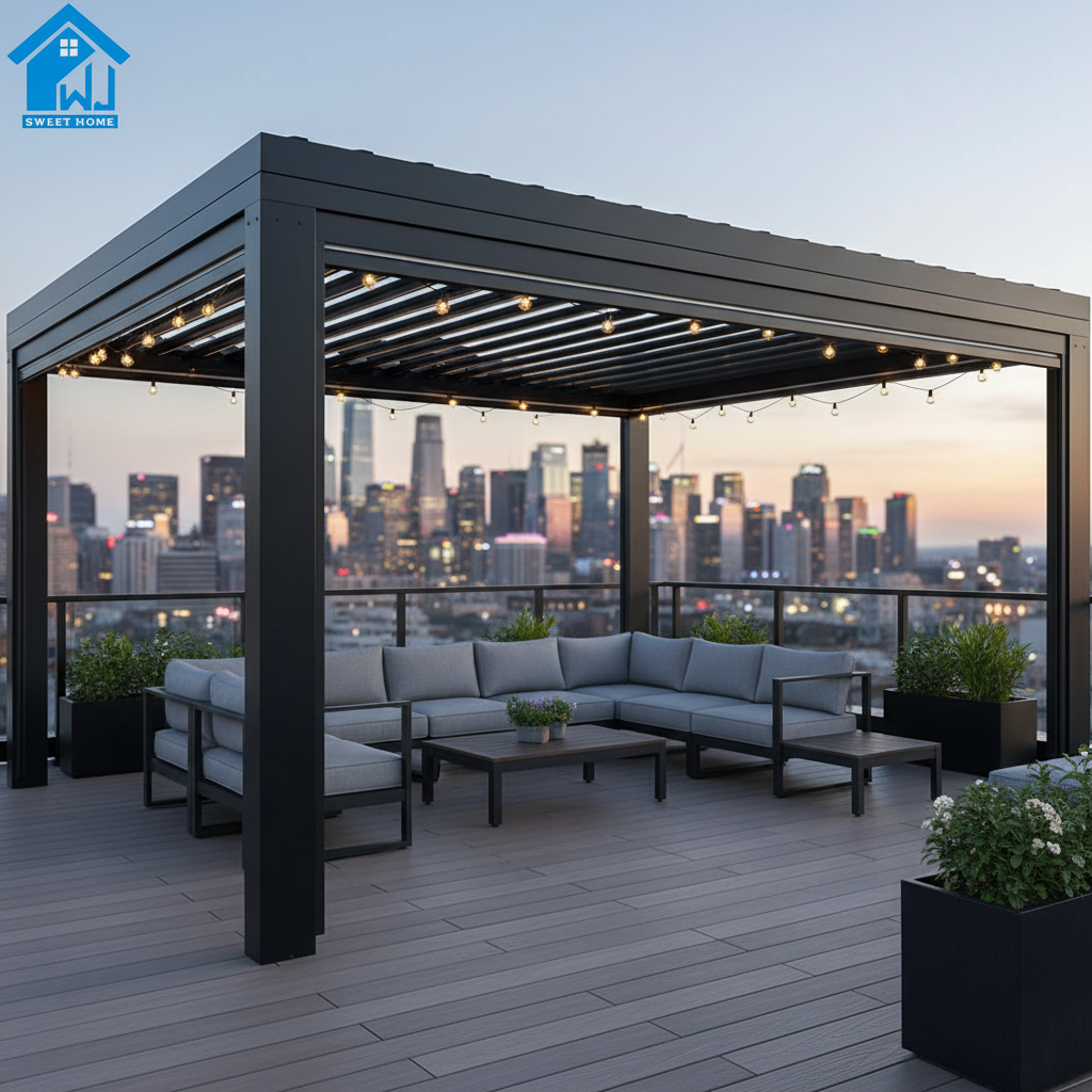 Sweet Home Slim Profile Aluminum Pergola – Bioclimatic Motorized Outdoor Gazebo with Solar String Lights
