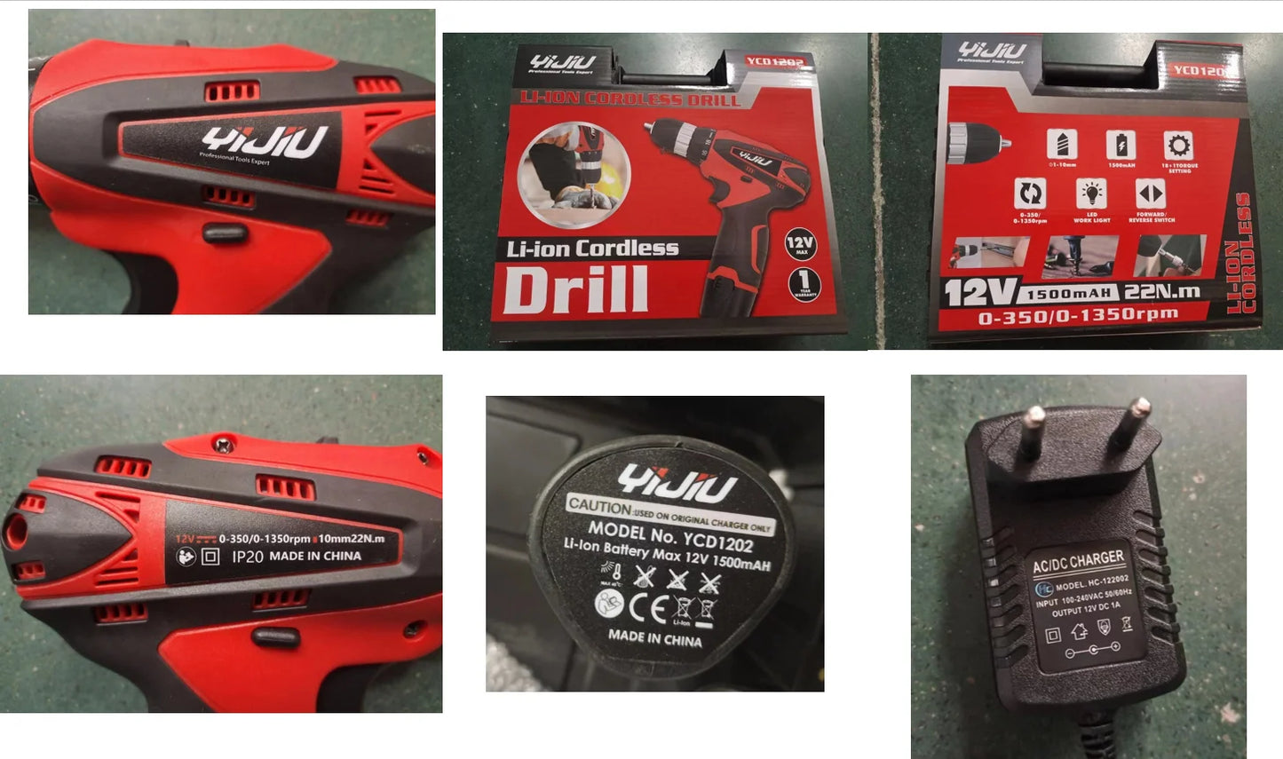 Yijiu Portable Cordless Drill 12V 1500mAh Keyless Chuck OEM High Speed with Li-ion Battery