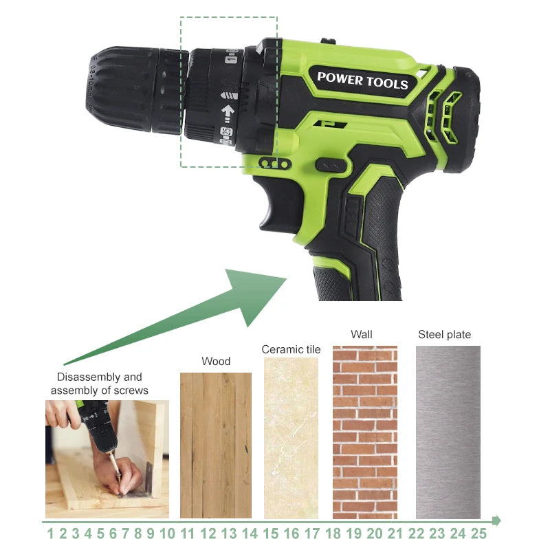 Hot Selling OEM Double Speed Cordless Rechargeable 12V 24V 36V 48V Lithium Battery Powered Electric Drill Brushless Motor