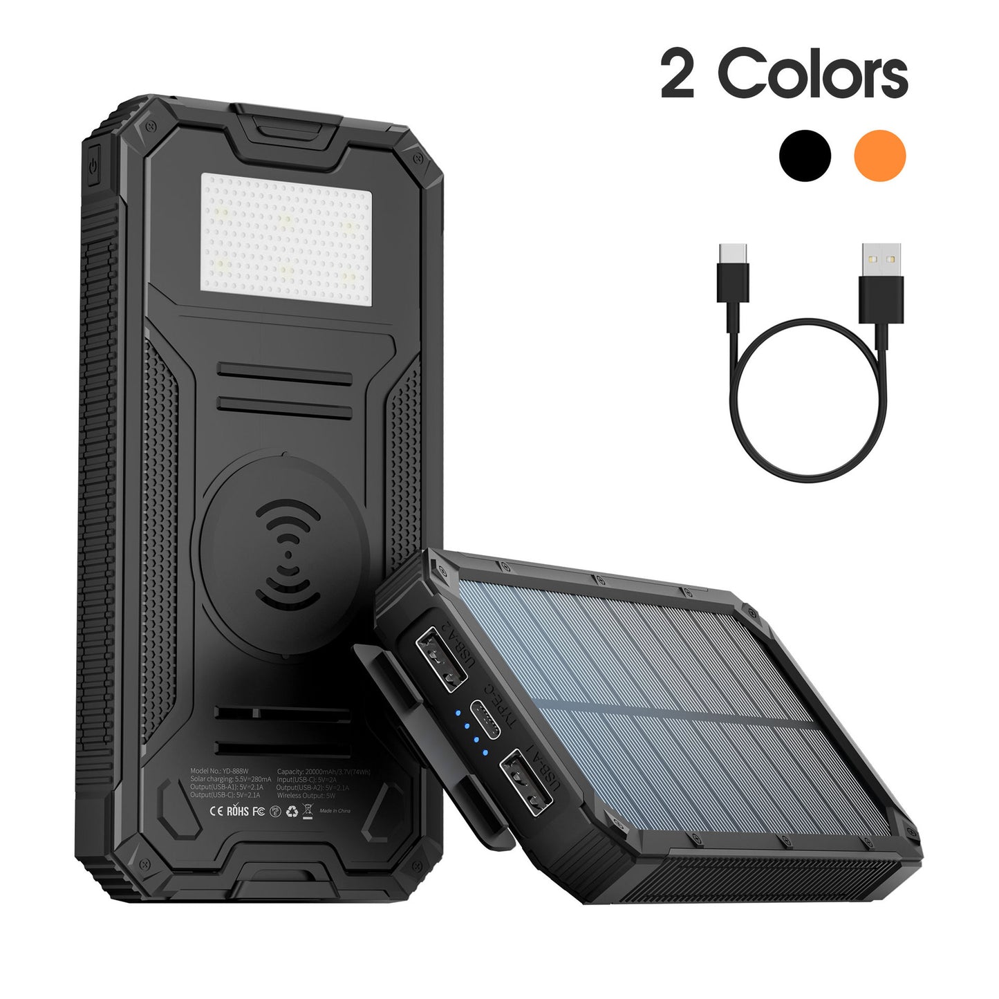20,000mAh Heavy-Duty Waterproof Solar Power Bank with Wireless Fast Charging & Emergency LED Light