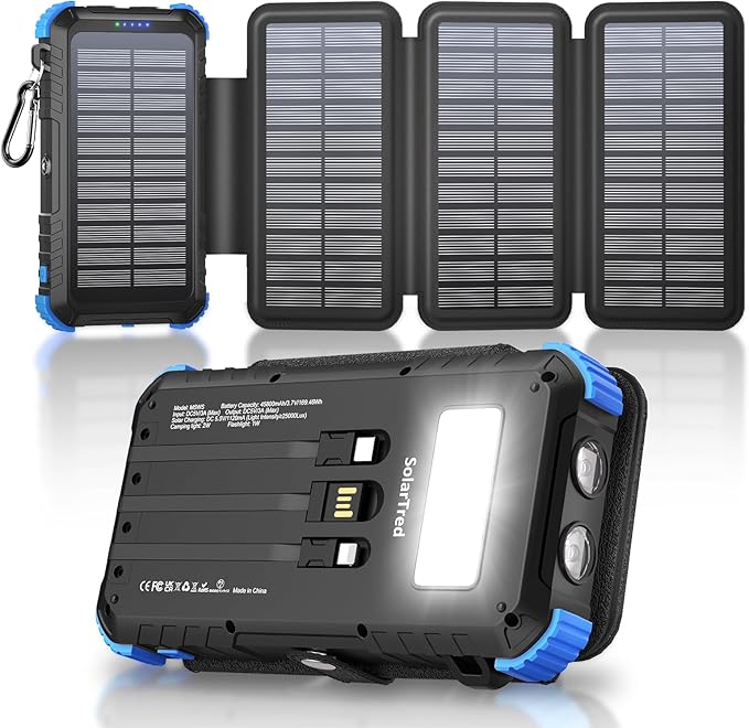 Heavy-Duty 20,000mAh Solar Power Bank with 4 Solar Panels & Built-in Charging Cables (IP67 Waterproof, 15W Fast Charge)