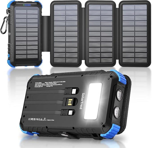 Heavy-Duty 20,000mAh Solar Power Bank with 4 Solar Panels & Built-in Charging Cables (IP67 Waterproof, 15W Fast Charge)