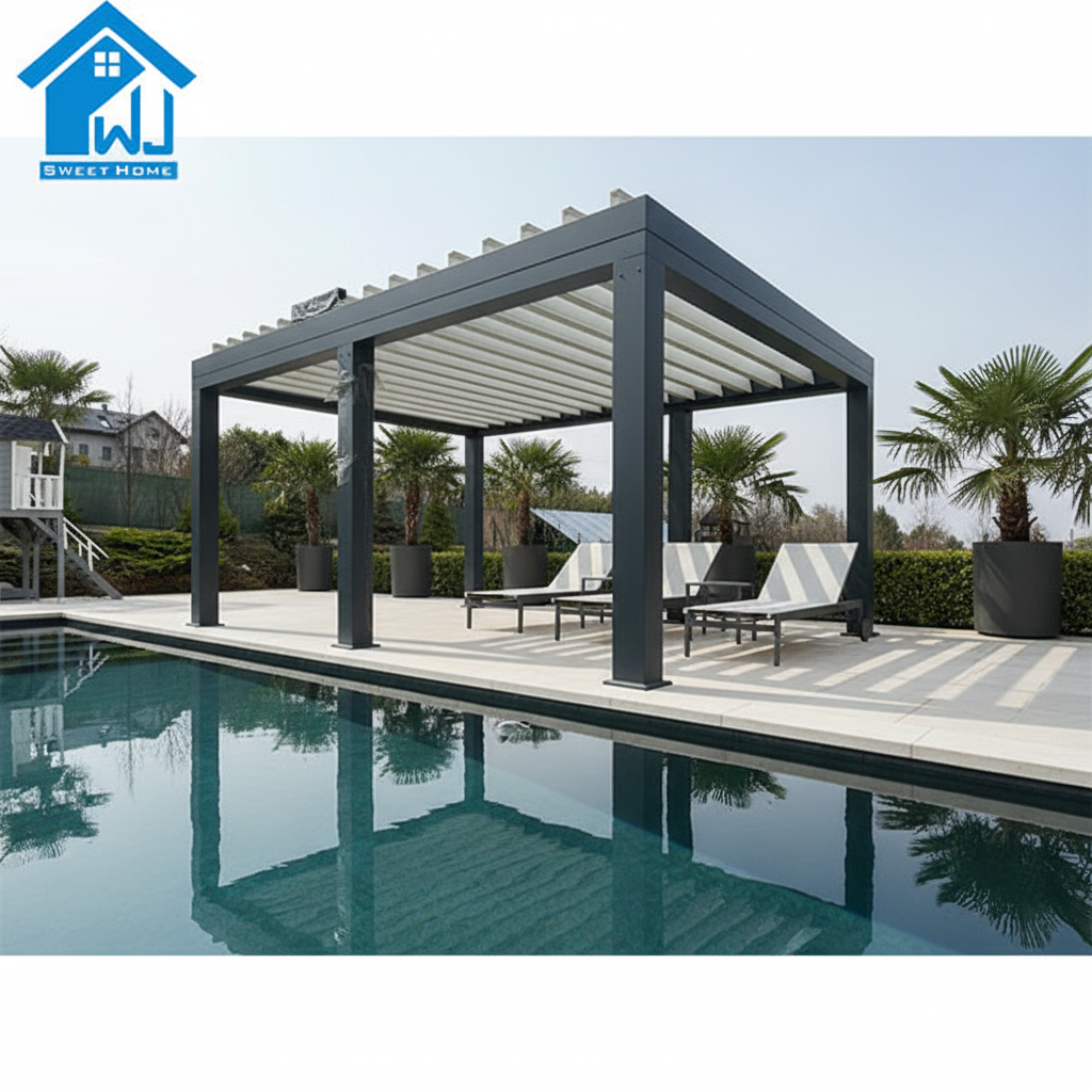 Sweet Home Slim Profile Aluminum Pergola – Bioclimatic Motorized Outdoor Gazebo with Solar String Lights
