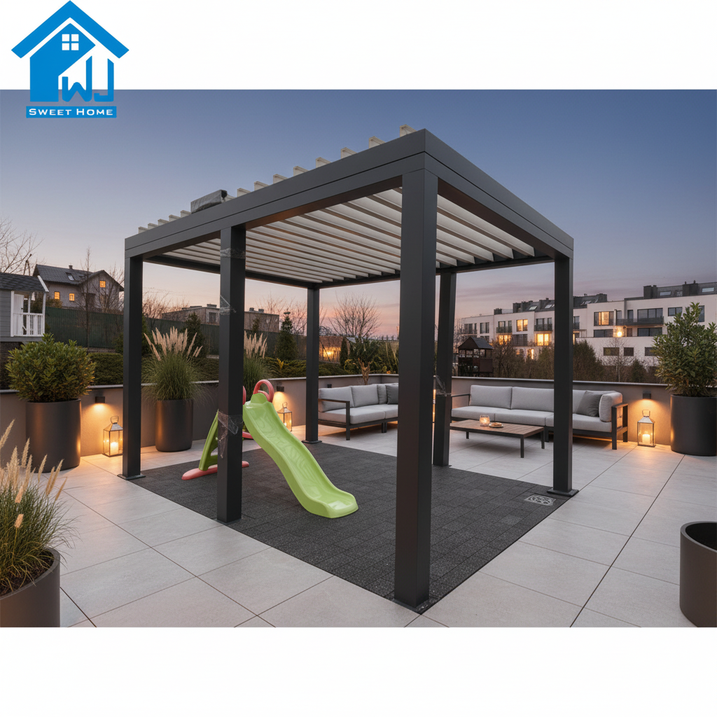 Sweet Home Slim Profile Aluminum Pergola – Bioclimatic Motorized Outdoor Gazebo with Solar String Lights