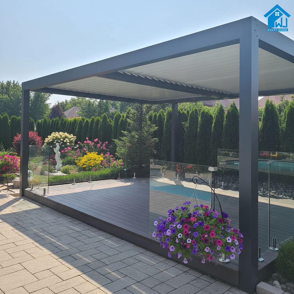 Sweet Home Slim Profile Aluminum Pergola – Bioclimatic Motorized Outdoor Gazebo with Solar String Lights