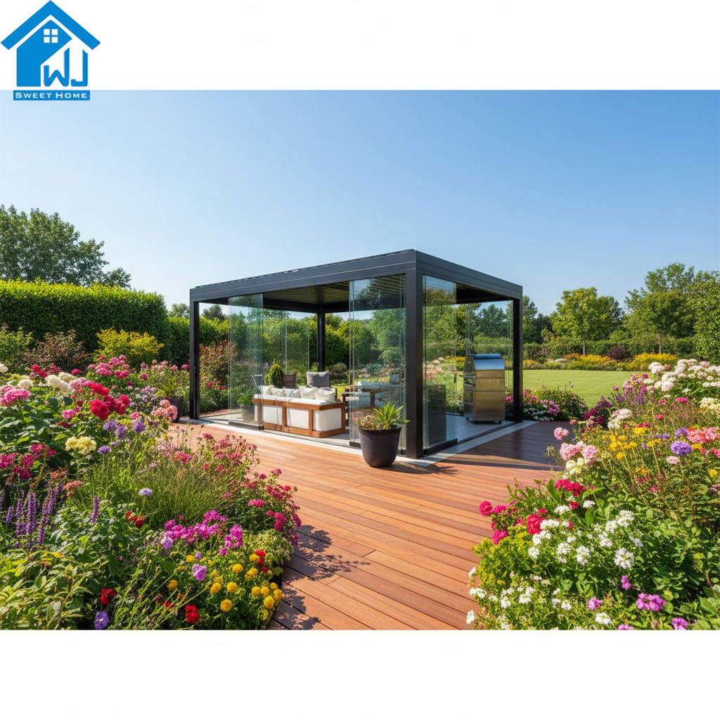 Sweet Home Slim Profile Aluminum Pergola – Bioclimatic Motorized Outdoor Gazebo with Solar String Lights