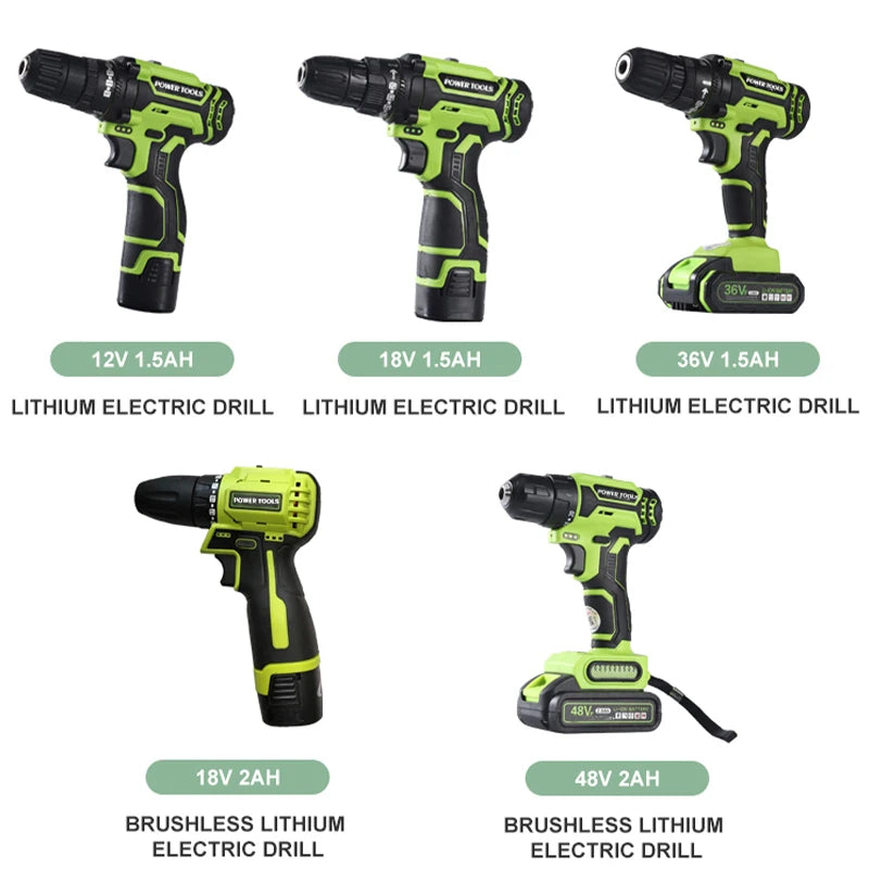 Hot Selling OEM Double Speed Cordless Rechargeable 12V 24V 36V 48V Lithium Battery Powered Electric Drill Brushless Motor