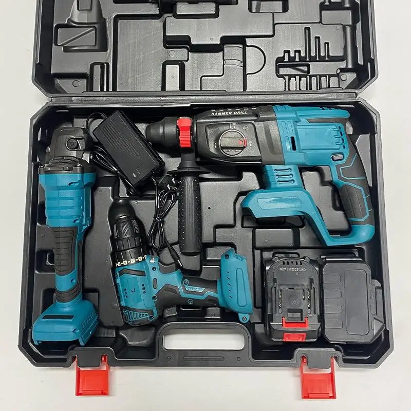 Rechargeable Lithium Electric Drill Wrench Angle Grinder Electric Hammer Power Tool Four-piece Set for Home