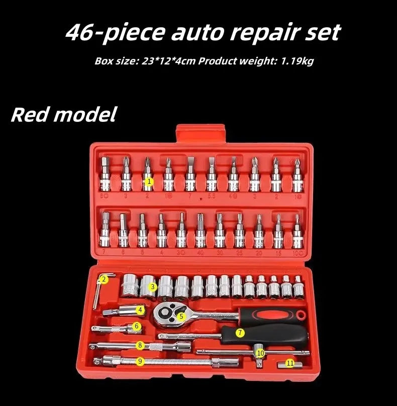 46pcs 1/4-inch CR-V Heavy-Duty Manual Repair Wrench Kit 72T Multifunctional Chrome Vanadium Steel Hard Case Automotive 1 Year