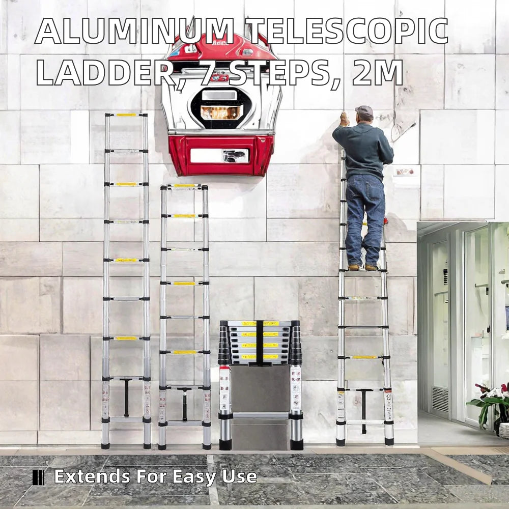 Modern Aluminum Telescopic Extension Ladder 7 Steps 2M Portable 330lb Capacity 50 Climbing Angle 6.6ft Extended Height