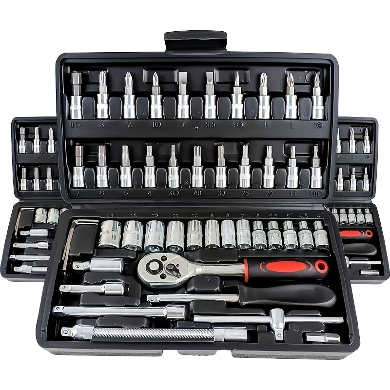 46pcs 1/4-inch CR-V Heavy-Duty Manual Repair Wrench Kit 72T Multifunctional Chrome Vanadium Steel Hard Case Automotive 1 Year