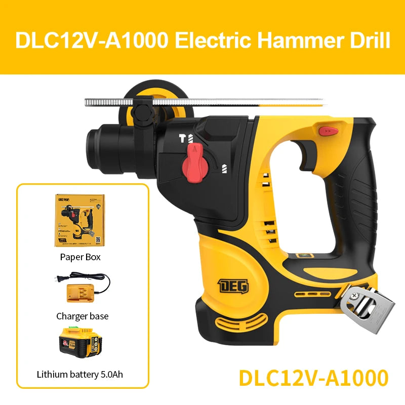 DEGLASERS SDS-PLUS Rotary Hammer Drill Brushless Motor Variable Speed Cordless 12V 5.0AH Battery Industrial Grade Construction