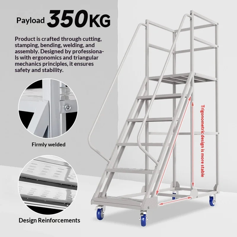 Steel Step Ladder with Mobile Wheels for Warehouse and Supermarket Use Portable Two/Three-Step Lift Cart Platform