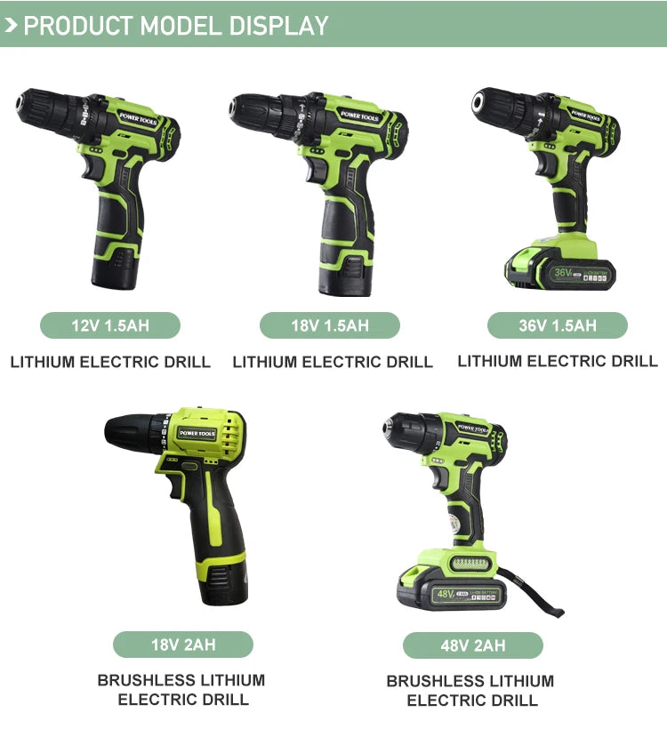 Hot Selling OEM Double Speed Cordless Rechargeable 12V 24V 36V 48V Lithium Battery Powered Electric Drill Brushless Motor