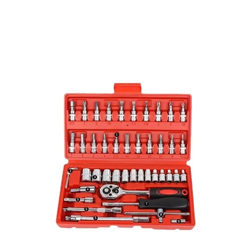46pcs 1/4-inch CR-V Heavy-Duty Manual Repair Wrench Kit 72T Multifunctional Chrome Vanadium Steel Hard Case Automotive 1 Year