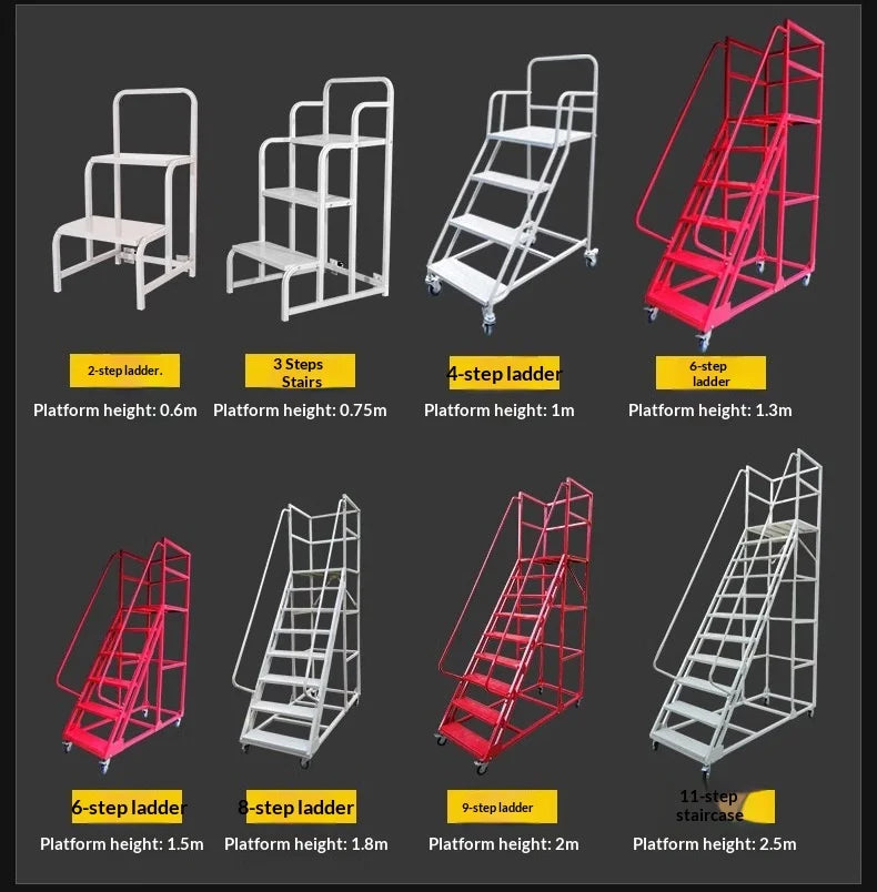 Steel Step Ladder with Mobile Wheels for Warehouse and Supermarket Use Portable Two/Three-Step Lift Cart Platform