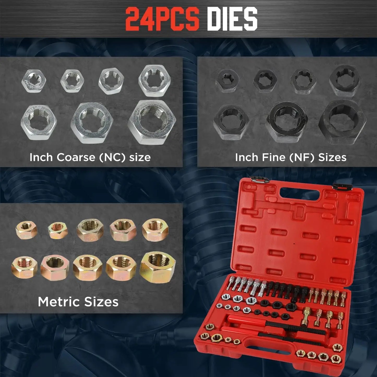 48 PCS Thread Repair Tool Kit Thread Chaser Anti-rust Thread Restorer Kit with Dies Taps and Thread Files with Detachable Cap