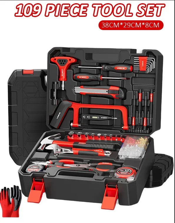 13pcs Red Compact Professional Home Repair Toolbox Set Hammer Hacksaw Hand Tool Kits with Hard Case OEM