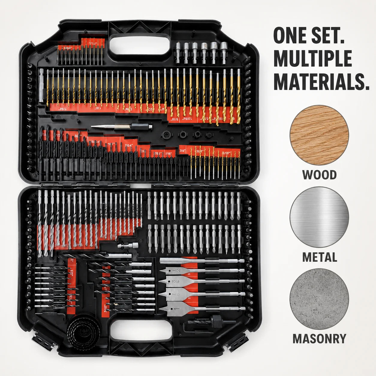 246PCS Hand Drill Bit Set HSS Twist Masonry Wood Spade Bits Screwdriver Bits Hole Saw Hard Case OEM Kit