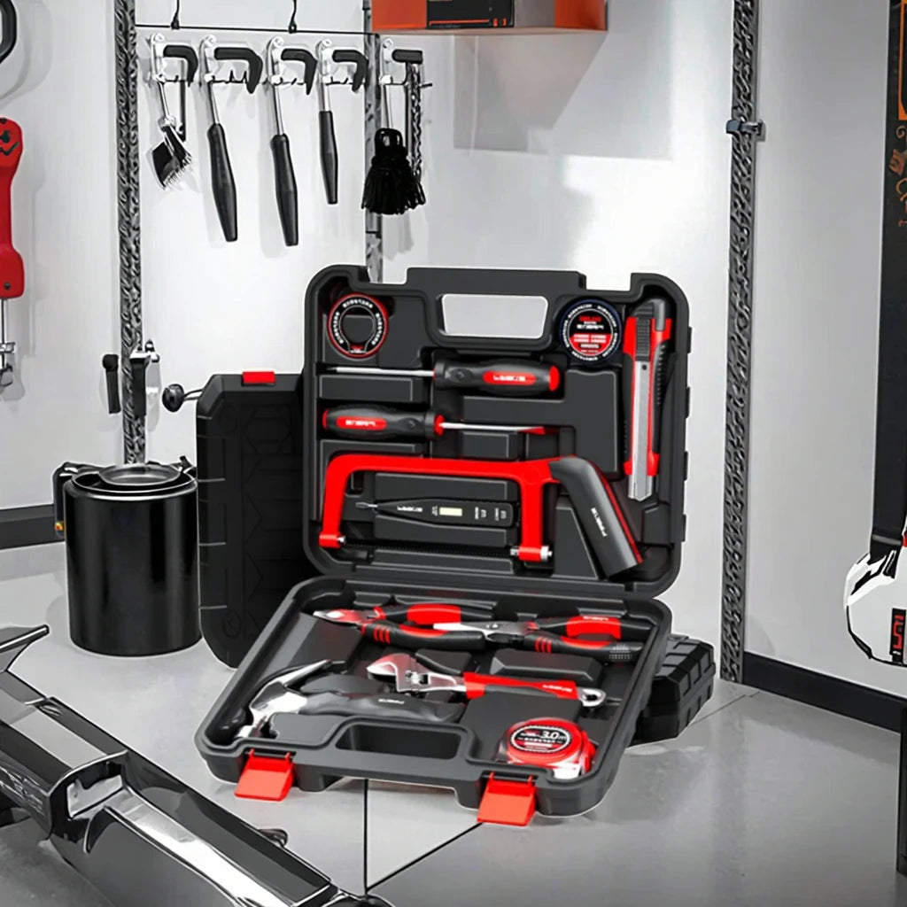 13pcs Red Compact Professional Home Repair Toolbox Set Hammer Hacksaw Hand Tool Kits with Hard Case OEM