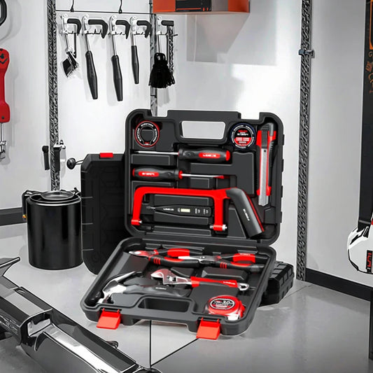 13pcs Red Compact Professional Home Repair Toolbox Set Hammer Hacksaw Hand Tool Kits with Hard Case OEM