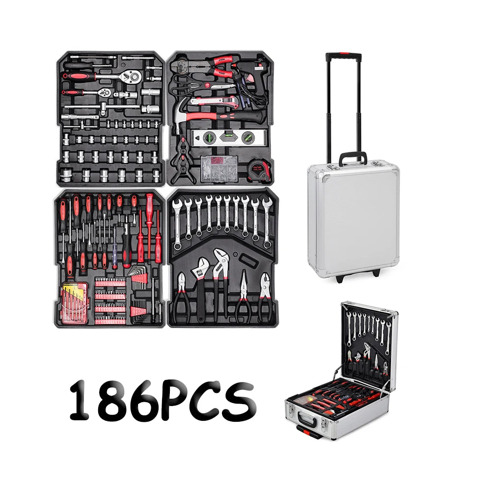 186 Piece Aluminum Suitcase Tool Box Set with Wheels Auto Repair Essentials Including Sickle Hard Case Packaging