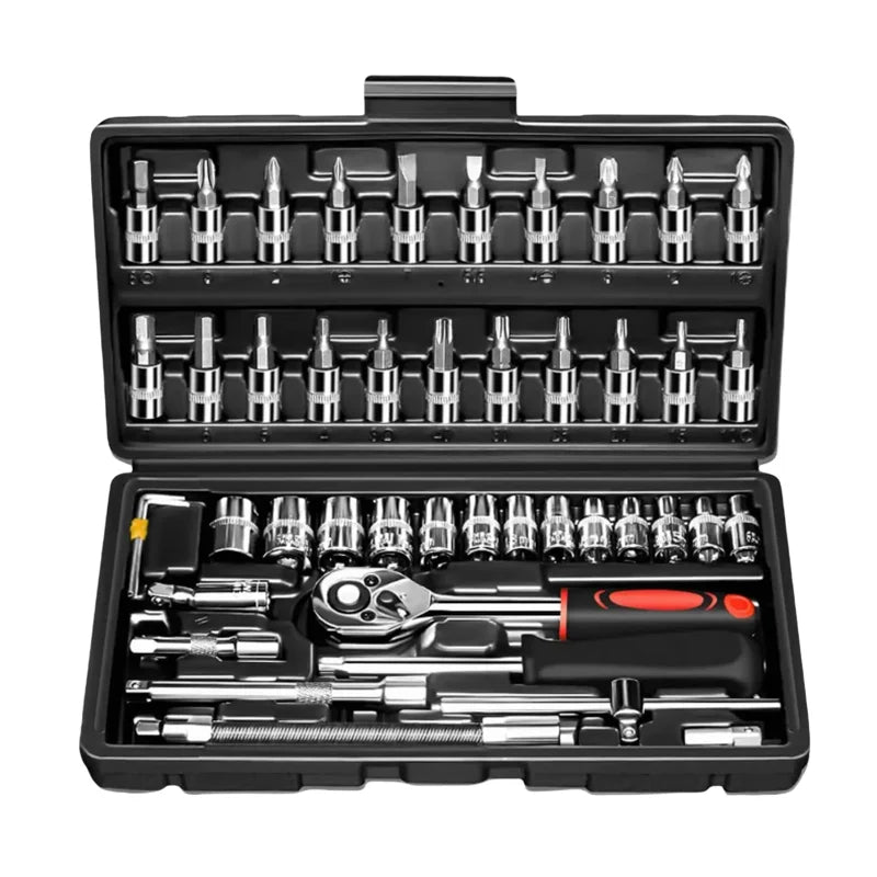 46pcs 1/4-inch CR-V Heavy-Duty Manual Repair Wrench Kit 72T Multifunctional Chrome Vanadium Steel Hard Case Automotive 1 Year
