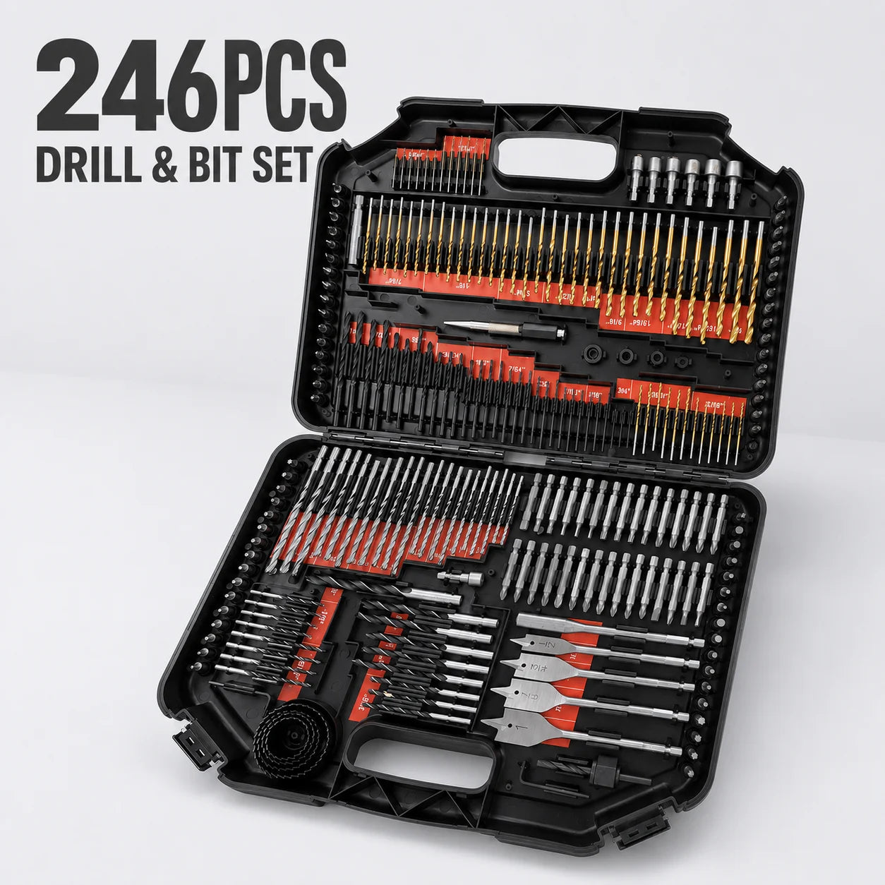 246PCS Hand Drill Bit Set HSS Twist Masonry Wood Spade Bits Screwdriver Bits Hole Saw Hard Case OEM Kit