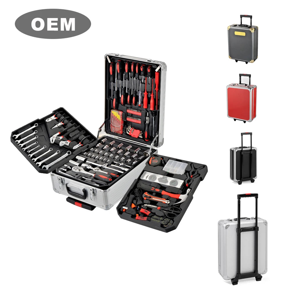 186 Piece Aluminum Suitcase Tool Box Set with Wheels Auto Repair Essentials Including Sickle Hard Case Packaging