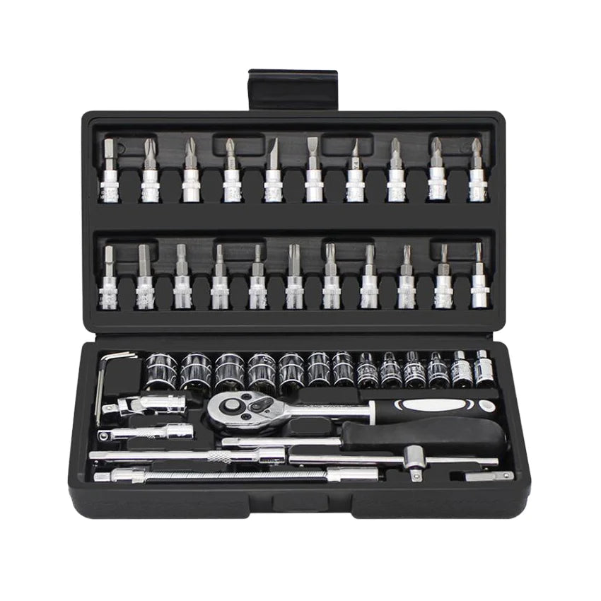 46pcs 1/4-inch CR-V Heavy-Duty Manual Repair Wrench Kit 72T Multifunctional Chrome Vanadium Steel Hard Case Automotive 1 Year