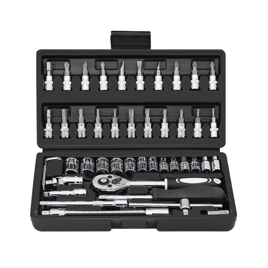 46pcs 1/4-inch CR-V Heavy-Duty Manual Repair Wrench Kit 72T Multifunctional Chrome Vanadium Steel Hard Case Automotive 1 Year