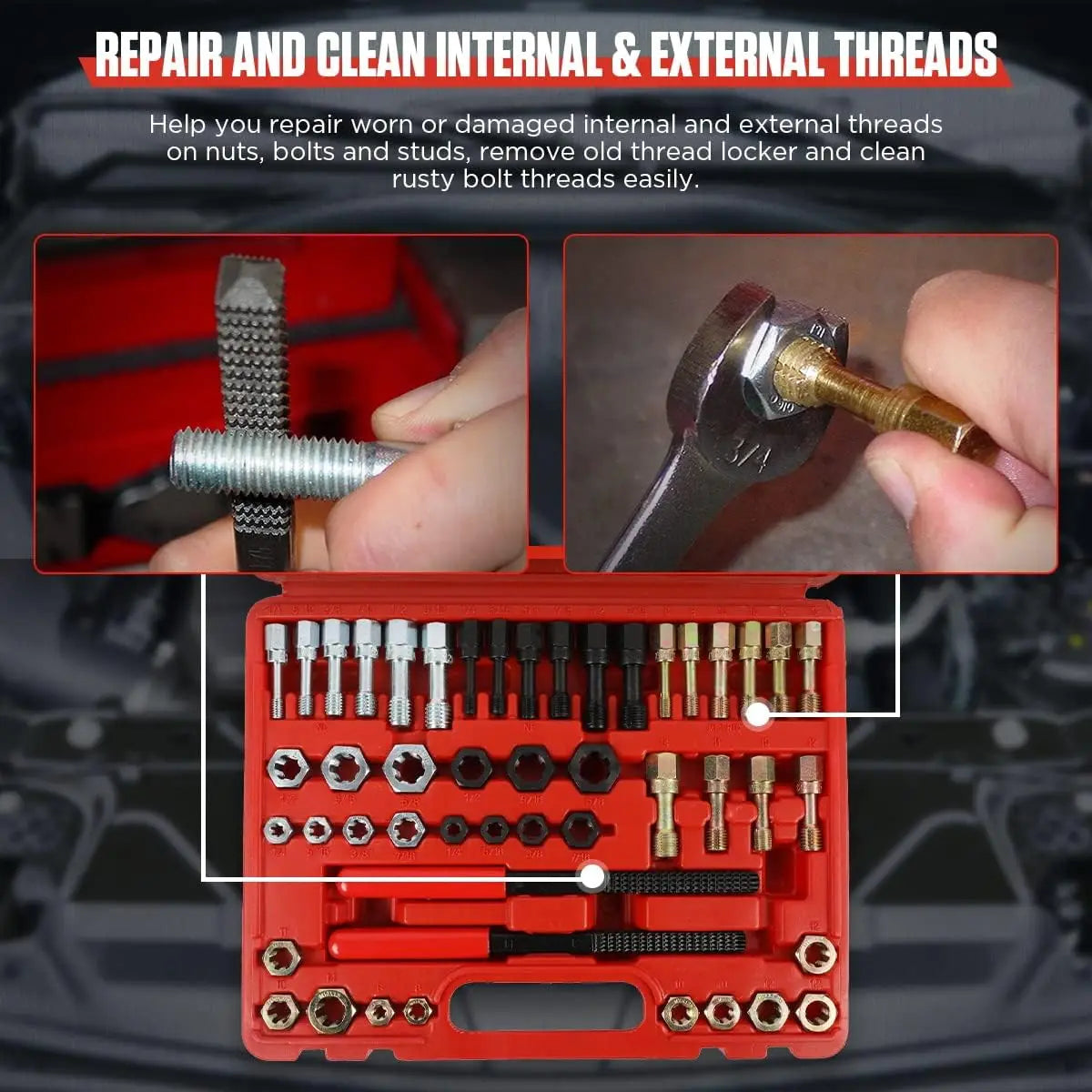48 PCS Thread Repair Tool Kit Thread Chaser Anti-rust Thread Restorer Kit with Dies Taps and Thread Files with Detachable Cap