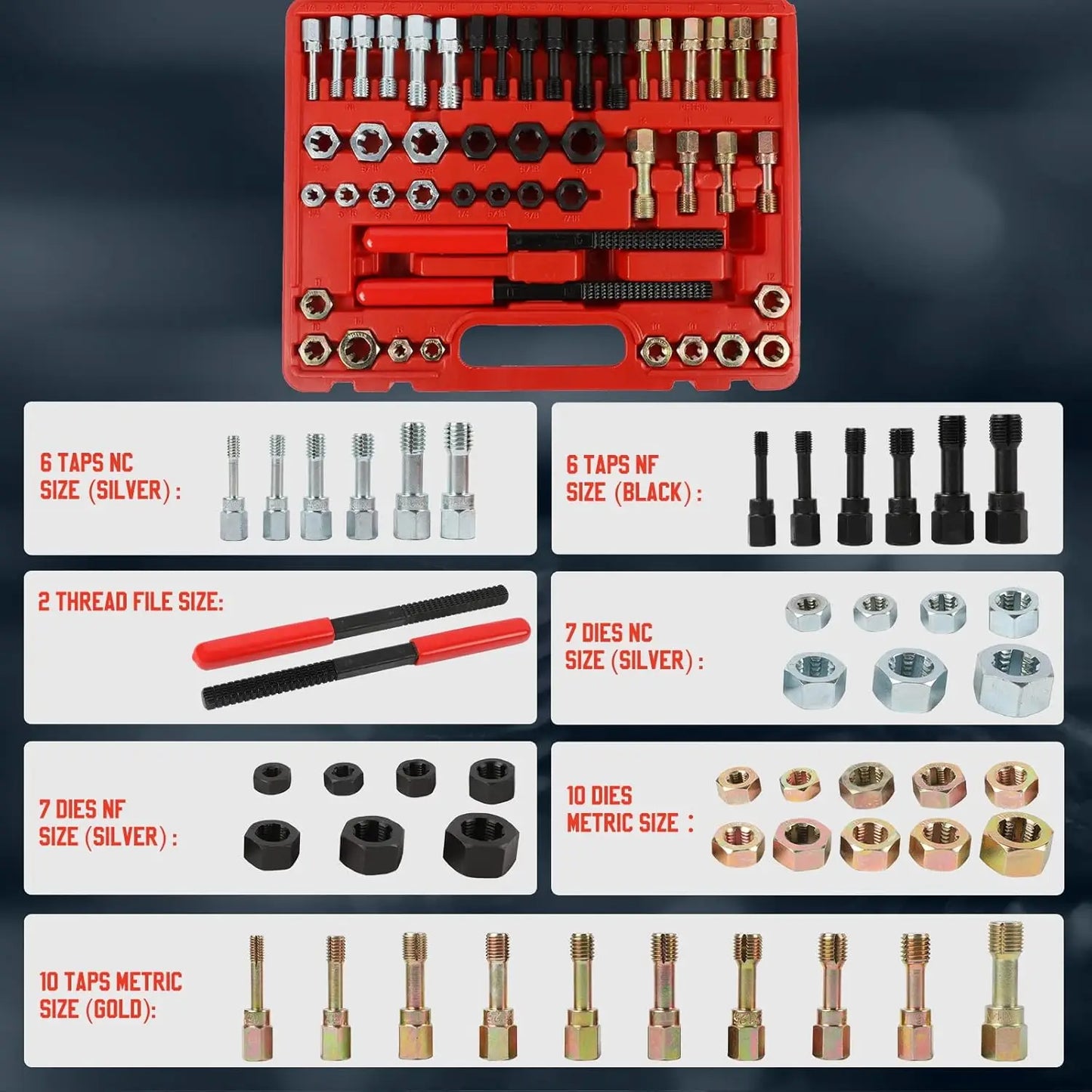 48 PCS Thread Repair Tool Kit Thread Chaser Anti-rust Thread Restorer Kit with Dies Taps and Thread Files with Detachable Cap