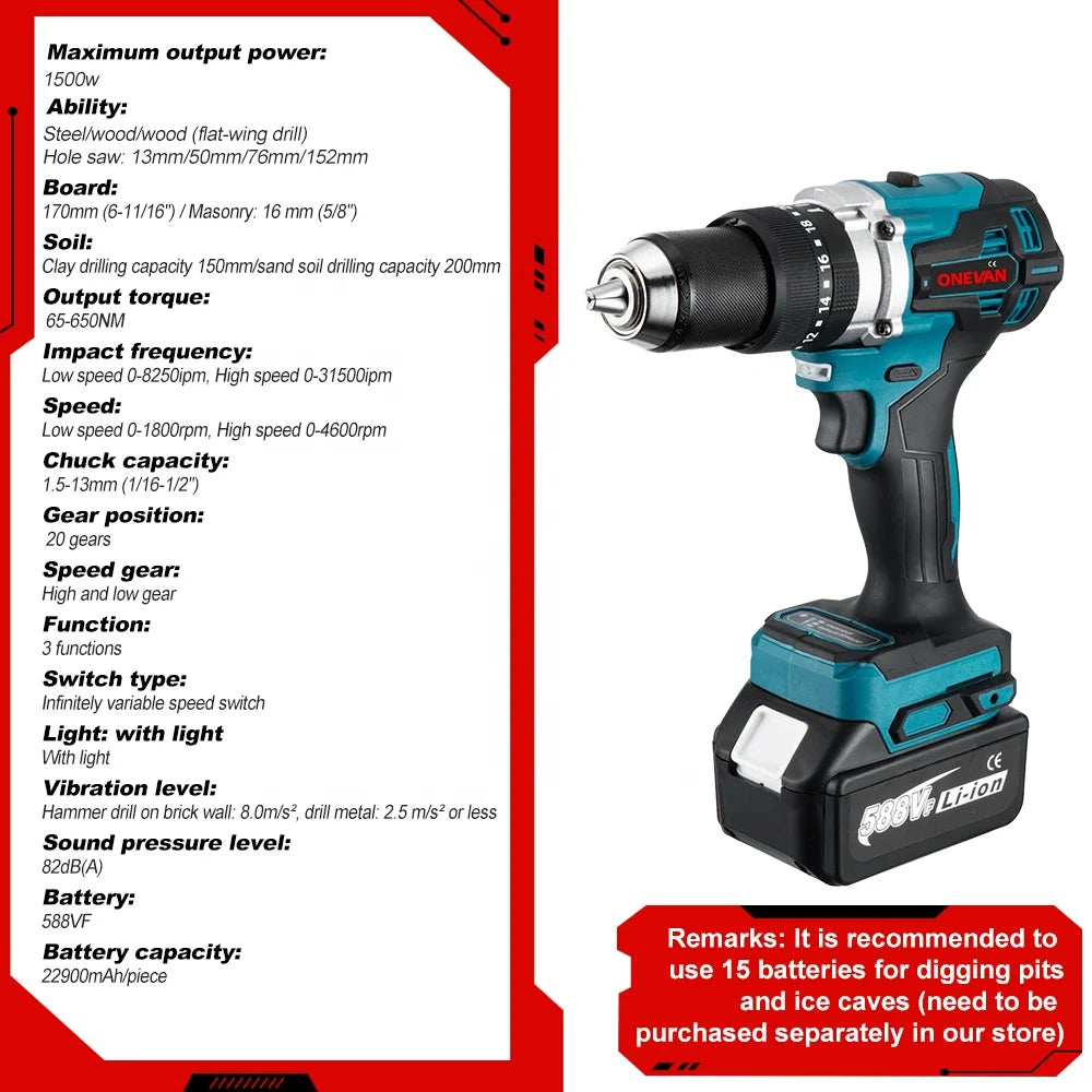 13MM 650NM Brushless Electric Drill Cordless Screwdriver Impact Drill Li-Ion Batteries Power Tool for makita 18v Battery