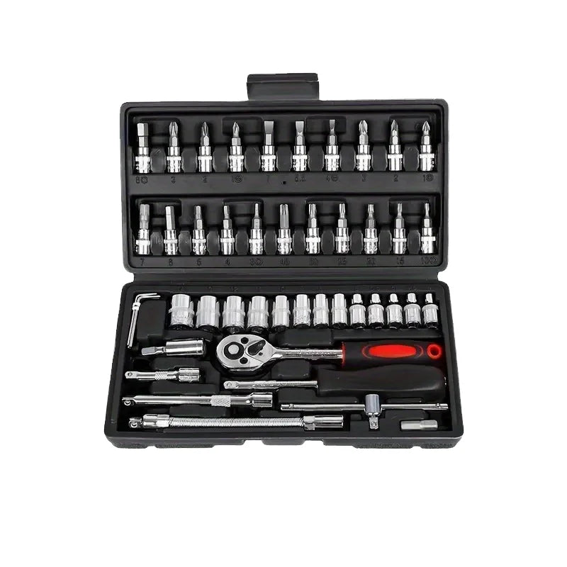 46pcs 1/4-inch CR-V Heavy-Duty Manual Repair Wrench Kit 72T Multifunctional Chrome Vanadium Steel Hard Case Automotive 1 Year