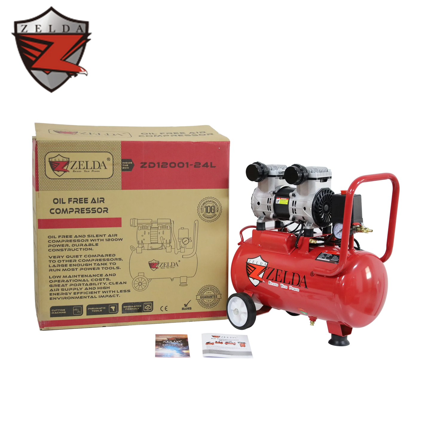 Zelda ZD12001-24L Piston Portable Oil-Free Silent 220V 8-Bar Air Compressor OEM Customized