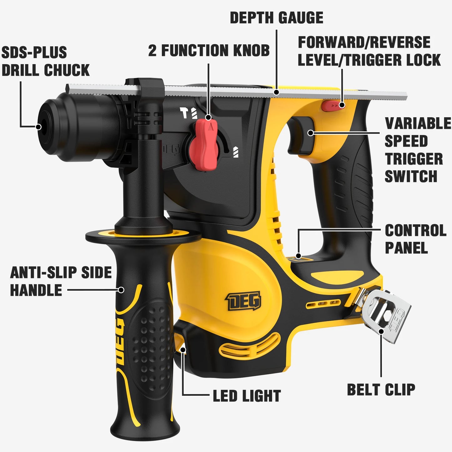 DEGLASERS SDS-PLUS Rotary Hammer Drill Brushless Motor Variable Speed Cordless 12V 5.0AH Battery Industrial Grade Construction