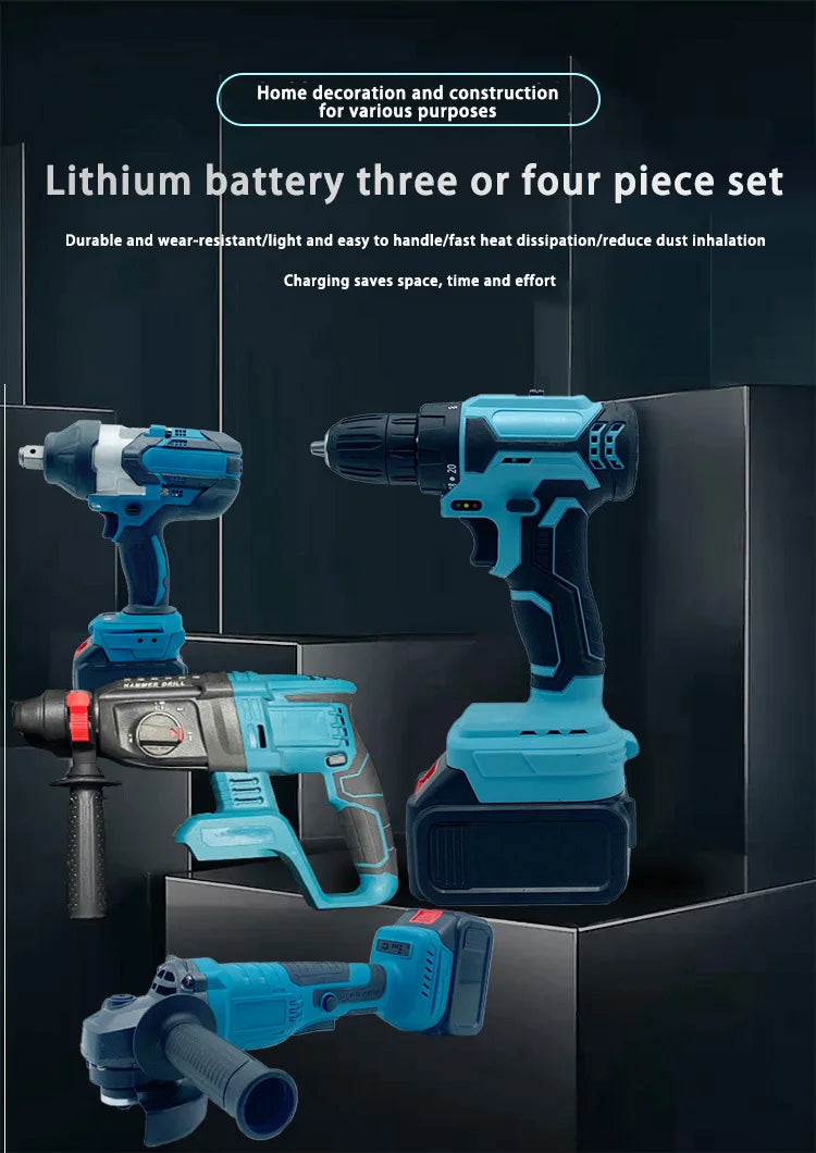 4pcs Set Combination Kit Brushless Electric Hammer Impact Drill Angle Grinder Cordless Wrench Portable Power Tool Set