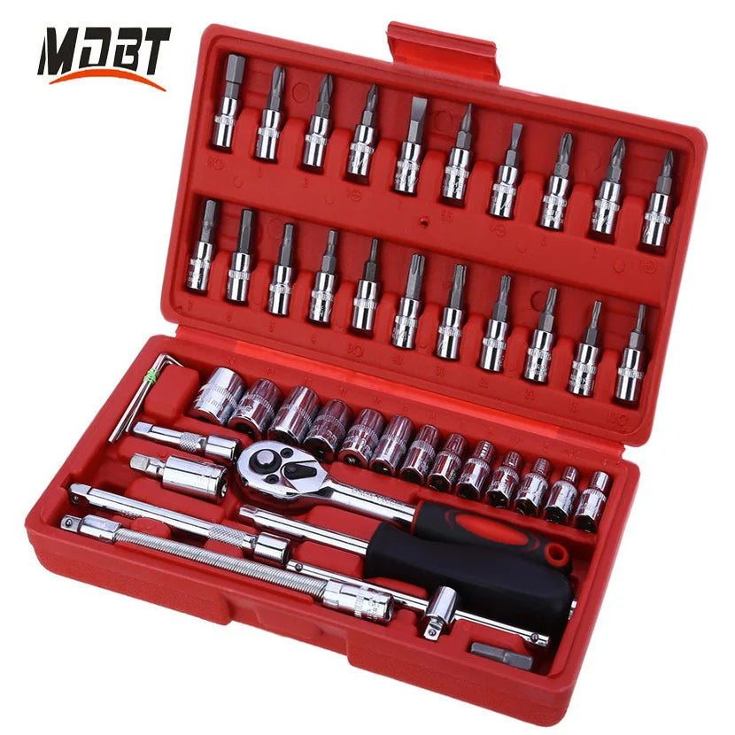 46 Pcs 1/4-Inch Chrome Vanadium Universal Wrench Socket Set Adjustable Socket  Gear Wrench Set for Bicycle Torque Pedal