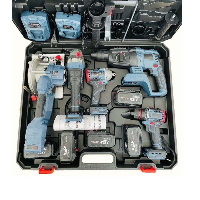 Multi-functional Rechargeable Lithium Electric Tool Set 5-piece Electric Hammer Drill Grinder Wrench Single-hand Saw