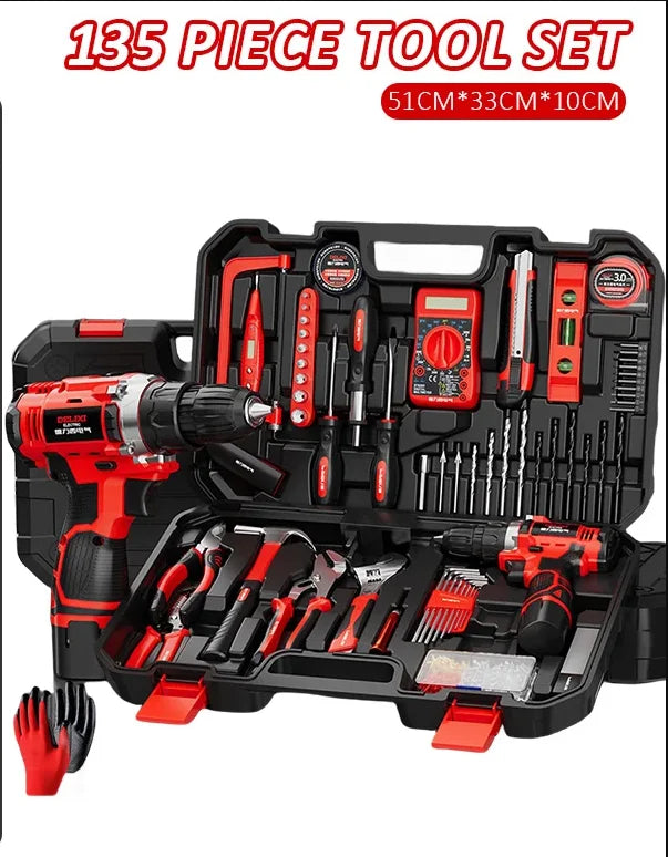 13pcs Red Compact Professional Home Repair Toolbox Set Hammer Hacksaw Hand Tool Kits with Hard Case OEM