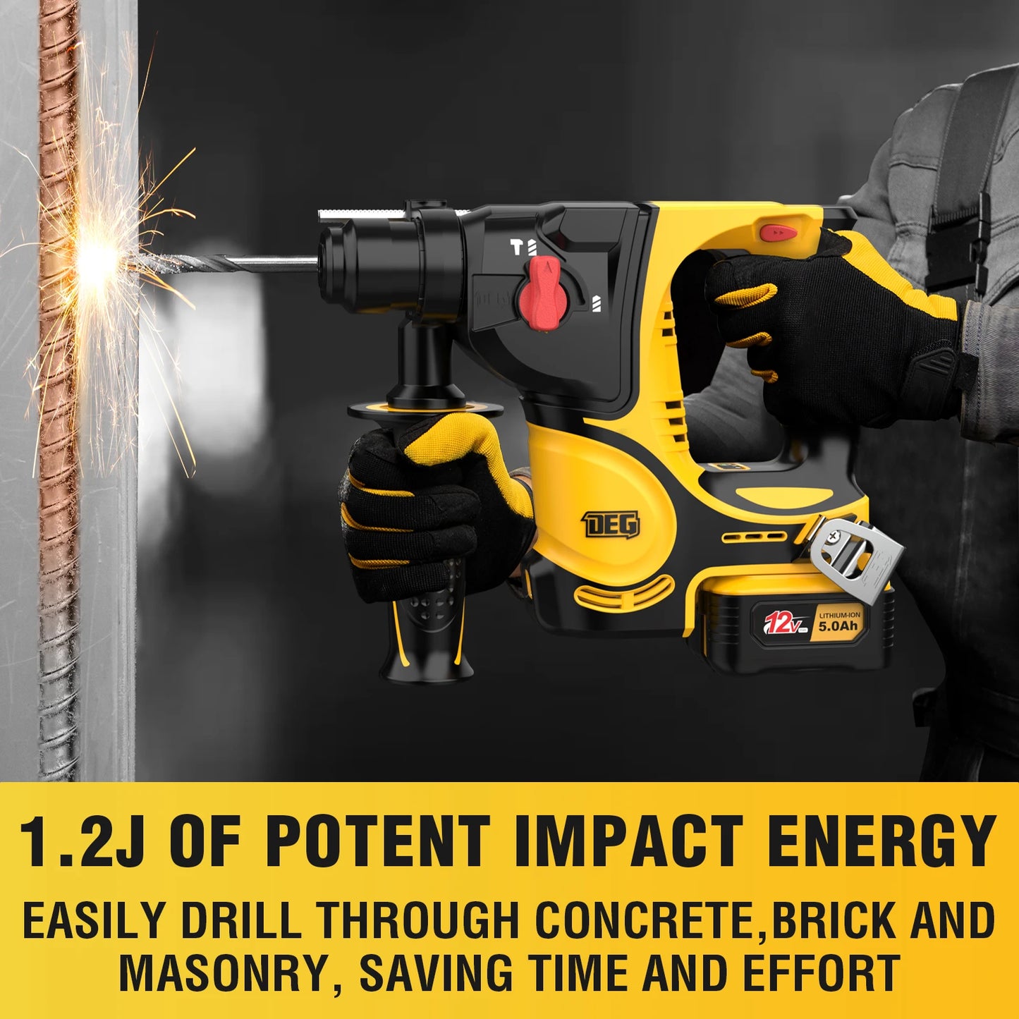 DEGLASERS SDS-PLUS Rotary Hammer Drill Brushless Motor Variable Speed Cordless 12V 5.0AH Battery Industrial Grade Construction