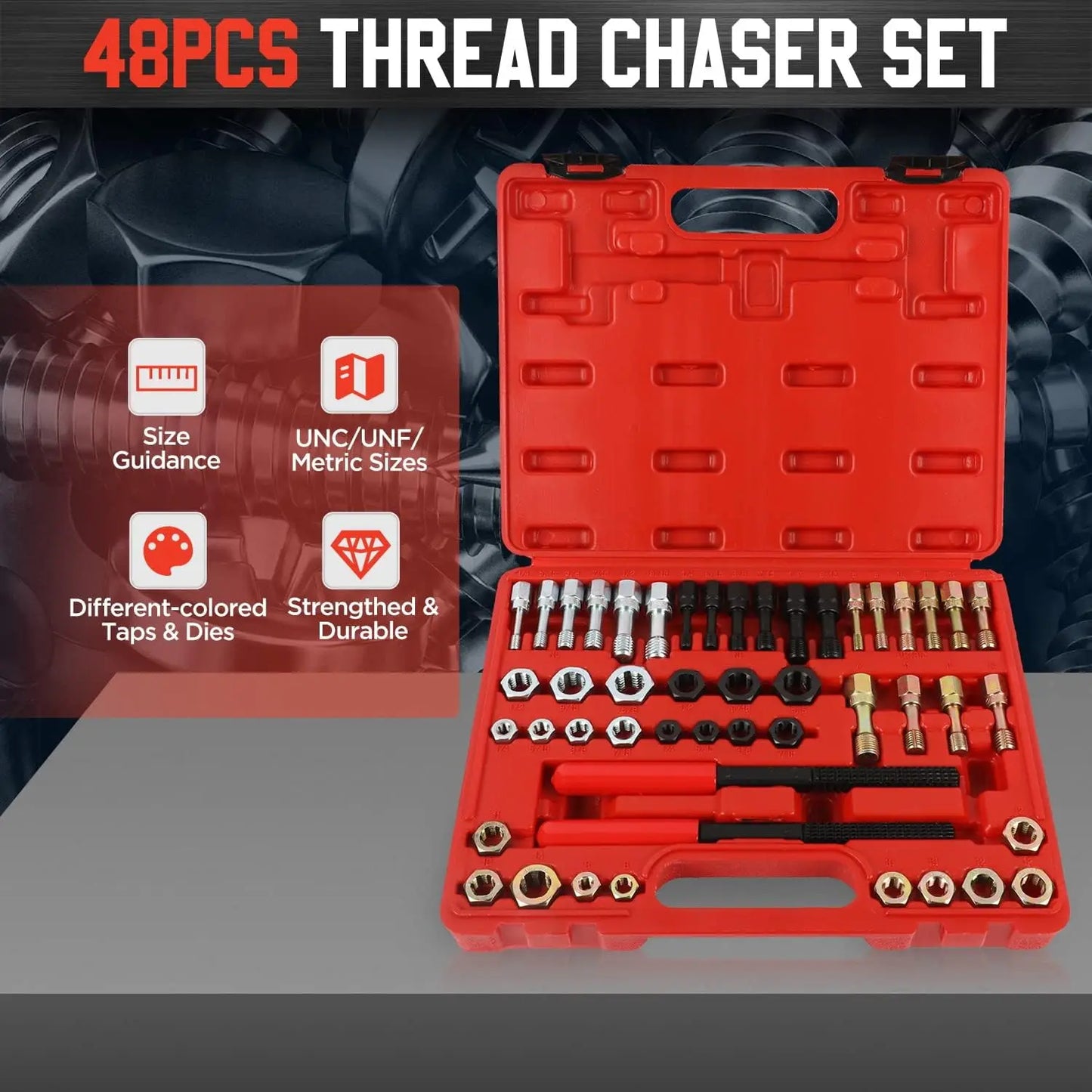 48 PCS Thread Repair Tool Kit Thread Chaser Anti-rust Thread Restorer Kit with Dies Taps and Thread Files with Detachable Cap