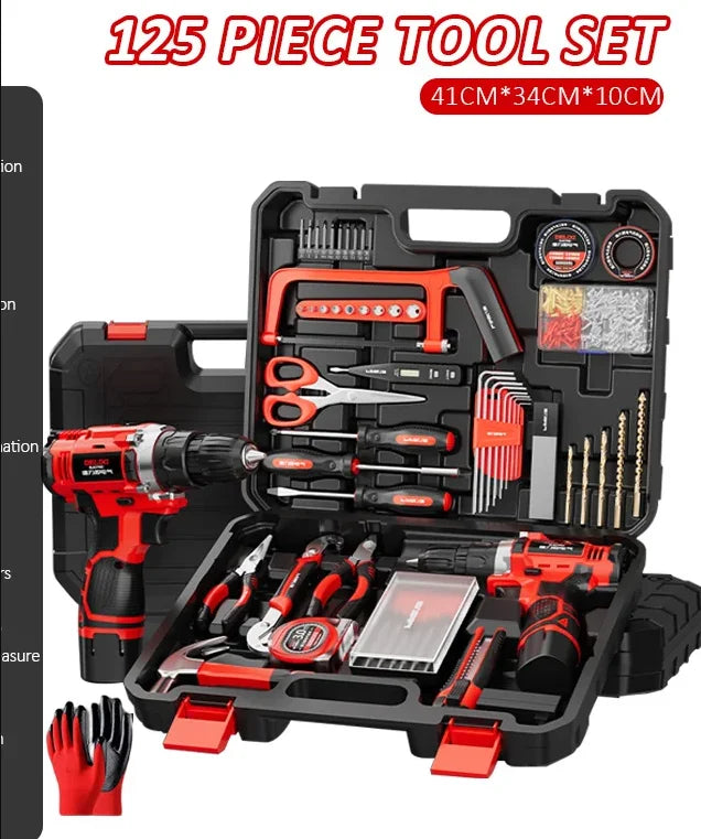 13pcs Red Compact Professional Home Repair Toolbox Set Hammer Hacksaw Hand Tool Kits with Hard Case OEM