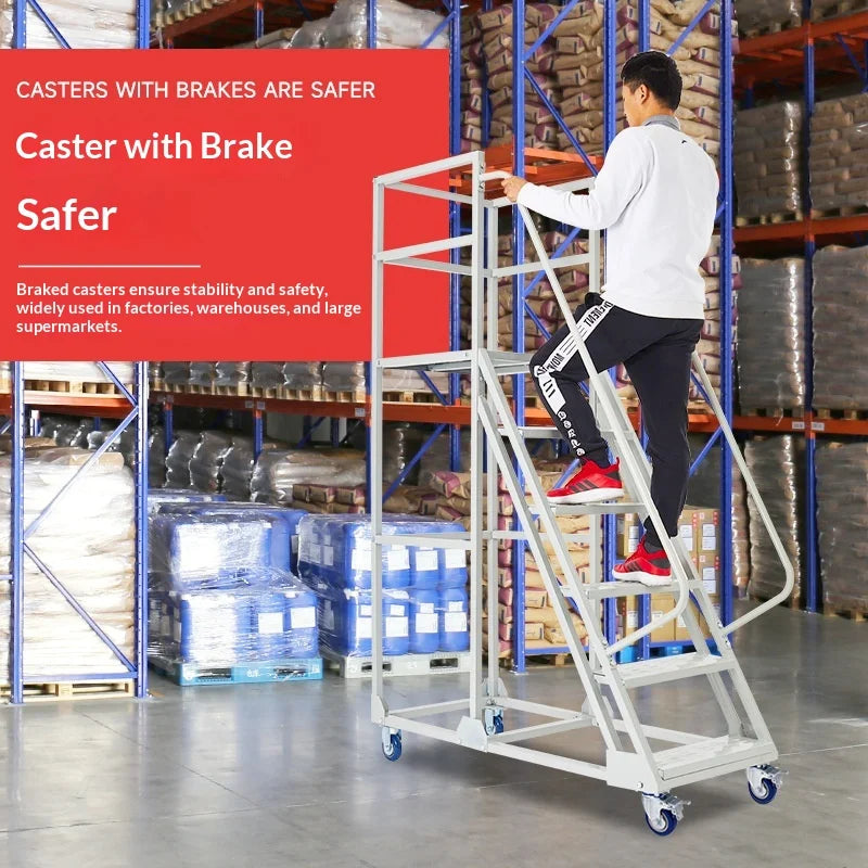 Steel Step Ladder with Mobile Wheels for Warehouse and Supermarket Use Portable Two/Three-Step Lift Cart Platform
