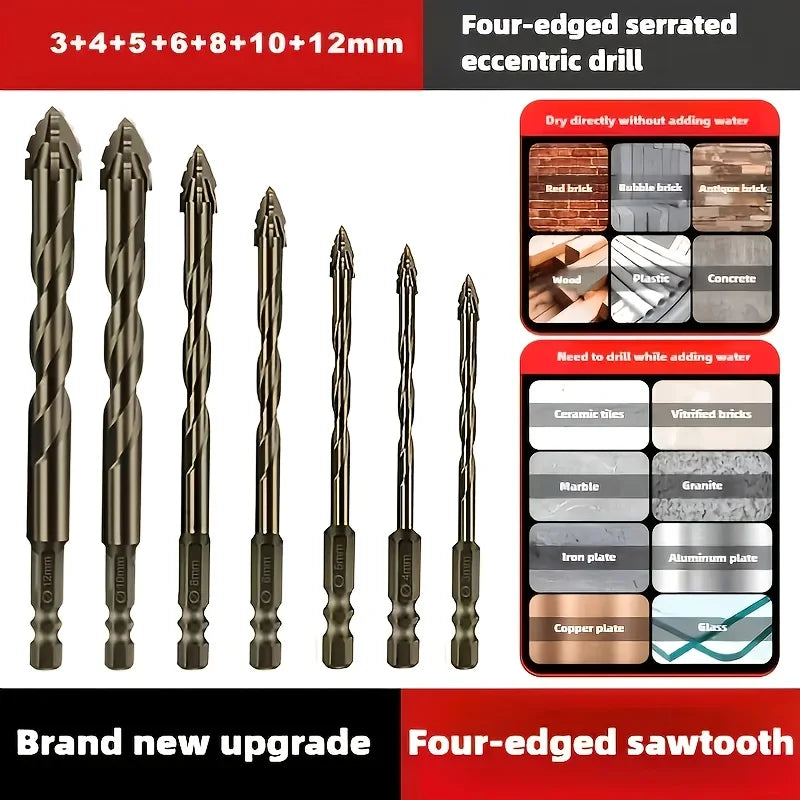7pcs Carbide Four-Blade Serrated Drill Bit Set for Dry Drilling Porcelain Tile Ceramic Glass Marble Concrete Stone Hole Openner
