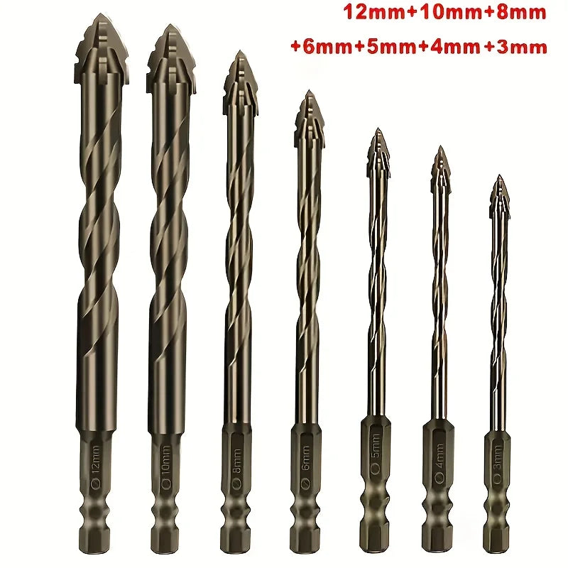7pcs Carbide Four-Blade Serrated Drill Bit Set for Dry Drilling Porcelain Tile Ceramic Glass Marble Concrete Stone Hole Openner