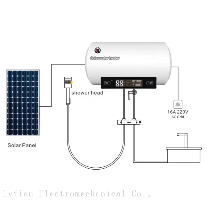 50L Hybrid Solar Water Heater System with MPPT & AC Grid Backup (1200W Solar / 2200W AC)