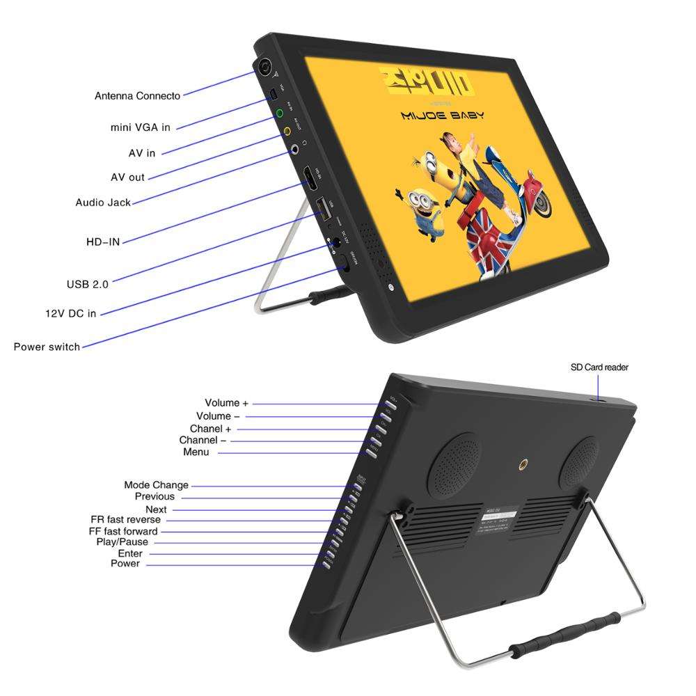 14" Portable Digital TV with Built-in Battery & Solar/12V DC Input